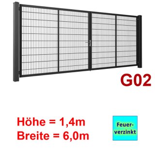 Zweiflügeliges Industrie Stahl-Drehtor G02,  Feuerverzinkt , ohne Antrieb,  Stabgitter,  1400mm Höhe,  6000mm Breite zwischen den Pfosten,