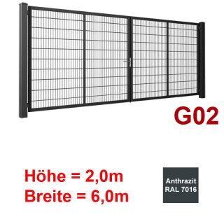 Zweiflügeliges Industrie Stahl-Drehtor G02,  Anthrazit RAL 7016 , ohne Antrieb,  Stabgitter,  2000mm Höhe,  6000mm Breite zwischen den Pfosten,