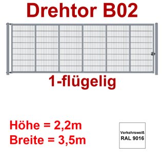 Einflügeliges Industrie Stahl-Drehtor B02, Verkehrsweiss RAL 9016 , ohne Antrieb, bis 2200mm Flügelhöhe, bis 3500mm Breite zwischen den Pfosten, Torfüllung Stabgitter