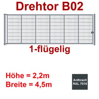 Einflügeliges Industrie Stahl-Drehtor B02, Anthrazit RAL 7016 , ohne Antrieb, bis 2200mm Flügelhöhe, bis 4500mm Breite zwischen den Pfosten, Torfüllung Stabgitter