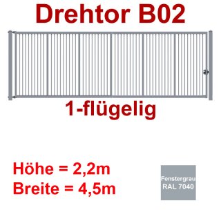 Einflügeliges Industrie Stahl-Drehtor B02, Fenstergrau RAL 7040 , ohne Antrieb, bis 2200mm Flügelhöhe, bis 4500mm Breite zwischen den Pfosten, Torfüllung 25x25mm