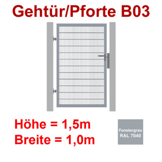 Industrie Stahl-Gehtür/Pforte B03, Fenstergrau RAL 7040, bis1500mm Flügelhöhe, bis 1000mm Breite zwischen den Pfosten, Torfüllung Stabgitter