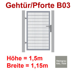 Industrie Stahl-Gehtür/Pforte B03, Steingrau RAL 7030, bis1500mm Flügelhöhe, bis 1150mm Breite zwischen den Pfosten, Torfüllung Stabgitter