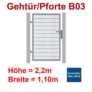 Industrie Stahl-Gehtür/Pforte B03, Enzianblau RAL 5010, bis2200mm Flügelhöhe, bis 1100mm Breite zwischen den Pfosten, Torfüllung Stabgitter
