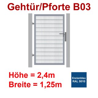 Industrie Stahl-Gehtür/Pforte B03, Enzianblau RAL 5010, bis2400mm Flügelhöhe, bis 1250mm Breite zwischen den Pfosten, Torfüllung Stabgitter