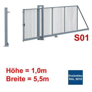Freitragendes Stahl-Schiebetor S095, Enzianblau  ohne Antrieb 1, 0m Höhe, 5 5m Breite zwischen den Pfosten,  25x25mm