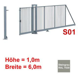 Freitragendes Stahl-Schiebetor S095, Steingrau  ohne Antrieb 1, 0m Höhe, 6 0m Breite zwischen den Pfosten,  25x25mm