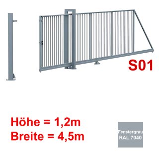 Freitragendes Stahl-Schiebetor S095, Fenstergrau  ohne Antrieb 1, 2m Höhe, 4 5m Breite zwischen den Pfosten,  25x25mm