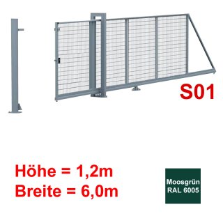 Freitragendes Stahl-Schiebetor S095, Moosgrün  ohne Antrieb 1, 2m Höhe, 6 0m Breite zwischen den Pfosten,  Stabgitter