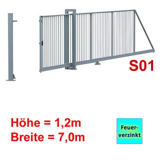 Freitragendes Stahl-Schiebetor S095, Feuerverzinkt  ohne Antrieb 1, 2m Höhe, 7 0m Breite zwischen den Pfosten, 25x25mm