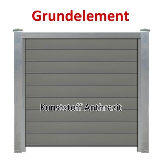 Sichtschutzzaun Bausatz Grundelement Alu-Natur H=1800mm, B=1660mm, Pfosten zum Einbetonieren Alu-Natur, Füllung Kunststoff Anthrazit