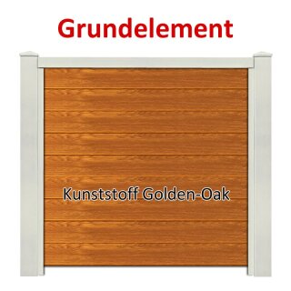 Sichtschutzzaun Bausatz Grundelement Alu-Natur H=1800mm, B=1660mm, Pfosten zum Einbetonieren Reinweiß, Füllung Kunststoff Golden Oak