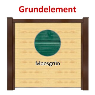 Sichtschutzzaun Bausatz Grundelement Alu-Natur H=1800mm, B=1660mm, Pfosten zum Einbetonieren Nussbraun, Füllung Holz-2 Moosgrün