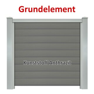 Sichtschutzzaun Bausatz Grundelement Alu-Natur H=1800mm, B=1660mm, Pfosten zum Einbetonieren Silbergrau, Füllung Kunststoff Anthrazit