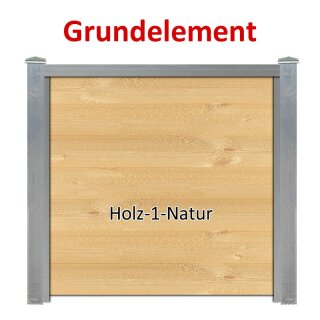 Sichtschutzzaun Bausatz Grundelement Alu-Natur H=1800mm, B=1660mm, Pfosten für vorhandenes Fundament Alu-Natur, Füllung Holz-1 Holz-Natur