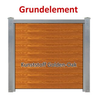 Sichtschutzzaun Bausatz Grundelement Alu-Natur H=1800mm, B=1660mm, Pfosten für vorhandenes Fundament Alu-Natur, Füllung Kunststoff Golden Oak