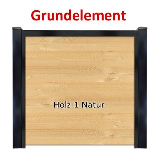 Sichtschutzzaun Bausatz Grundelement Alu-Natur H=1800mm, B=1660mm, Pfosten für vorhandenes Fundament Tiefschwarz, Füllung Holz-1 Holz-Natur