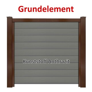 Sichtschutzzaun Bausatz Grundelement Alu-Natur H=1800mm, B=1660mm, Pfosten für vorhandenes Fundament Nussbraun, Füllung Kunststoff Anthrazit