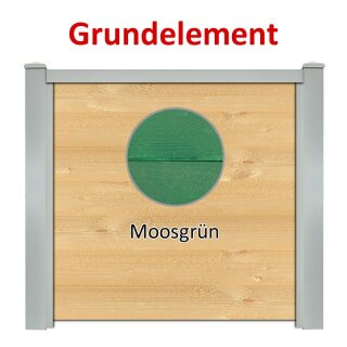 Sichtschutzzaun Bausatz Grundelement Alu-Natur H=1800mm, B=1660mm, Pfosten für vorhandenes Fundament Silbergrau, Füllung Holz-1 Moosgrün