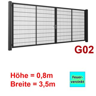 Zweiflügeliges Industrie Stahl-Drehtor G02,  Feuerverzinkt , ohne Antrieb,  Stabgitter,  800mm Höhe,  3500mm Breite zwischen den Pfosten,