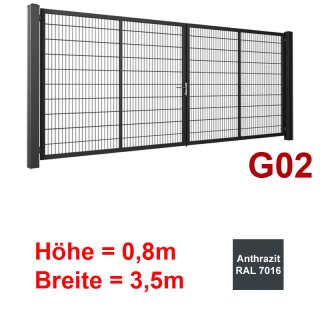 Zweiflügeliges Industrie Stahl-Drehtor G02,  Anthrazit RAL 7016 , ohne Antrieb,  Stabgitter,  800mm Höhe,  3500mm Breite zwischen den Pfosten,