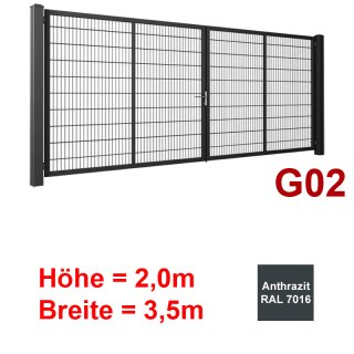 Zweiflügeliges Industrie Stahl-Drehtor G02,  Anthrazit RAL 7016 , ohne Antrieb,  Stabgitter,  2000mm Höhe,  3500mm Breite zwischen den Pfosten,