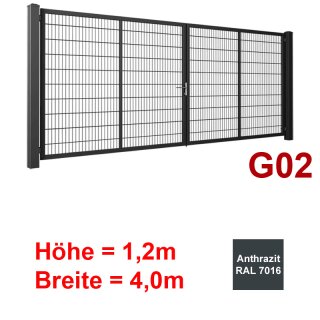 Zweiflügeliges Industrie Stahl-Drehtor G02,  Anthrazit RAL 7016 , ohne Antrieb,  Stabgitter,  1200mm Höhe,  4000mm Breite zwischen den Pfosten,