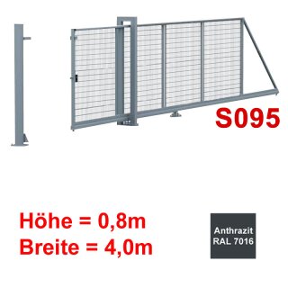 Freitragendes Stahl-Schiebetor S095, Anthrazit  ohne Antrieb 0 8m Höhe, 4 0m Breite zwischen den Pfosten,  Stabgitter