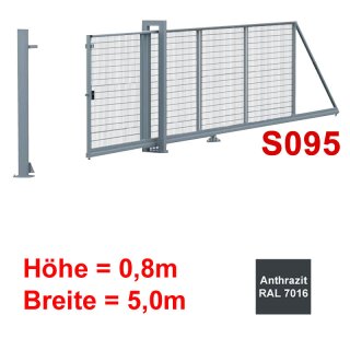 Freitragendes Stahl-Schiebetor S095, Anthrazit  ohne Antrieb 0 8m Höhe, 5 0m Breite zwischen den Pfosten,  Stabgitter