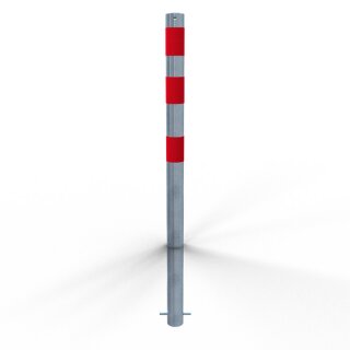 Absperrpfosten zum Einbetonieren als E-Ladesäulenschutz verzinkt mit drei roten Streifen