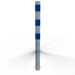 Absperrpoller zum Einbetonieren als E-Ladesäulenschutz verzinkt mit drei blauen Streifen
