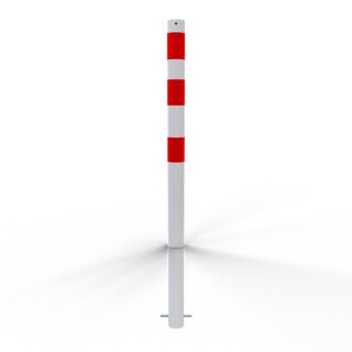 Absperrpoller zum Einbetonieren als E-Ladesäulenschutz in weiß, verzinkt mit drei roten Streifen