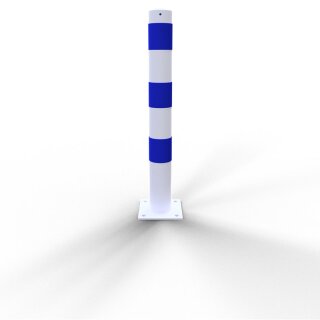 Absperrpoller zum Aufschrauben als E-Ladesäulenschutz in weiß, verzinkt mit blauen Streifen