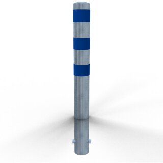 Rammschutzpoller zum Einbetonieren als E-Ladesäulenschutz verzinkt mit drei blauen Streifen