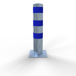 Rammschutzpoller zum Aufschrauben als E-Ladesäulenschutz verzinkt mit drei blauen Streifen