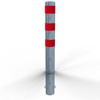 Rammschutzpoller zum Einbetonieren als E-Ladesäulenschutz verzinkt mit drei roten Streifen