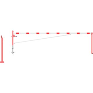 Drehbare Handschranke mit Auflagepfosten und Seilzugverstärkung, Breite 5500 mm, Rot/Weiß, für Dreikantverschluss