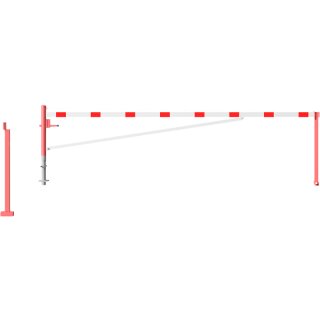 Drehbare Handschranke mit Auflagepfosten und Seilzugverstärkung, Breite 5500 mm, Rot/Weiß, für Profilzylinderschloss